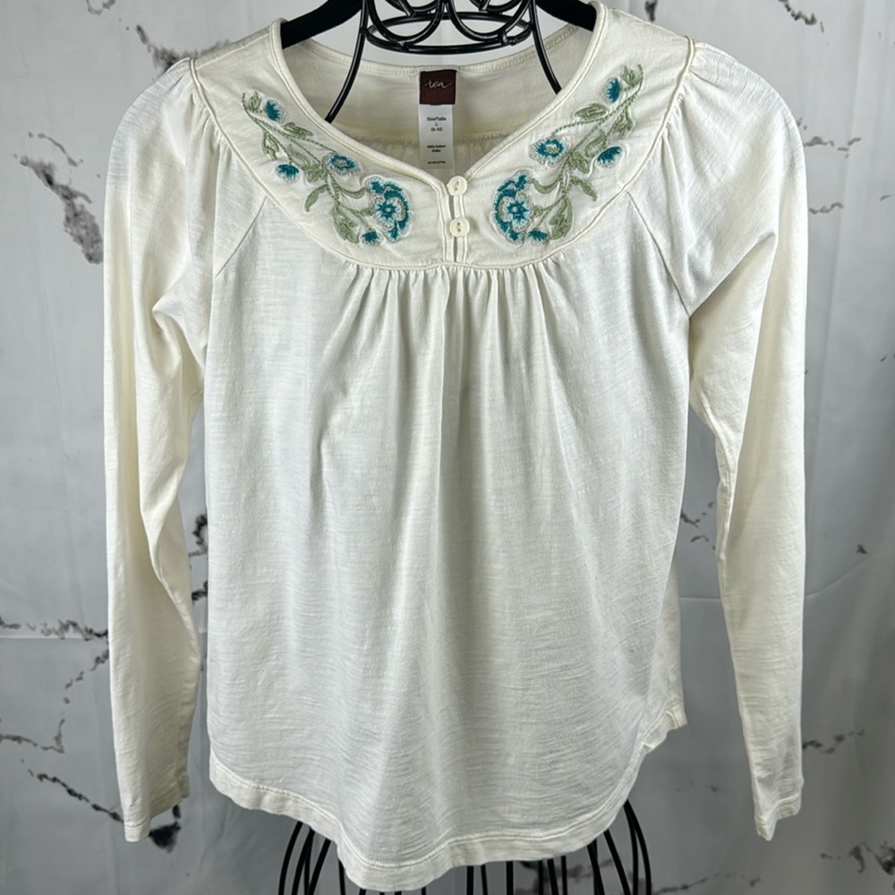 Tea Collection Embroidered Peasant Top Boho Long Sleeve Floral Cream Girl's L